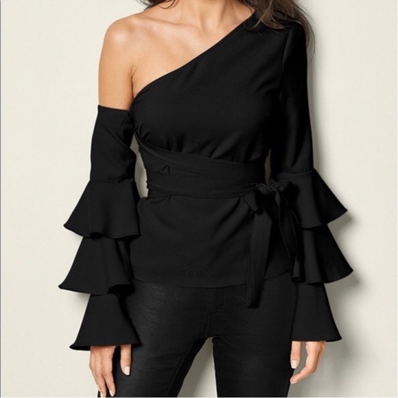 VENUS Tops - Elegant Black One-Shoulder Ruffle Top
